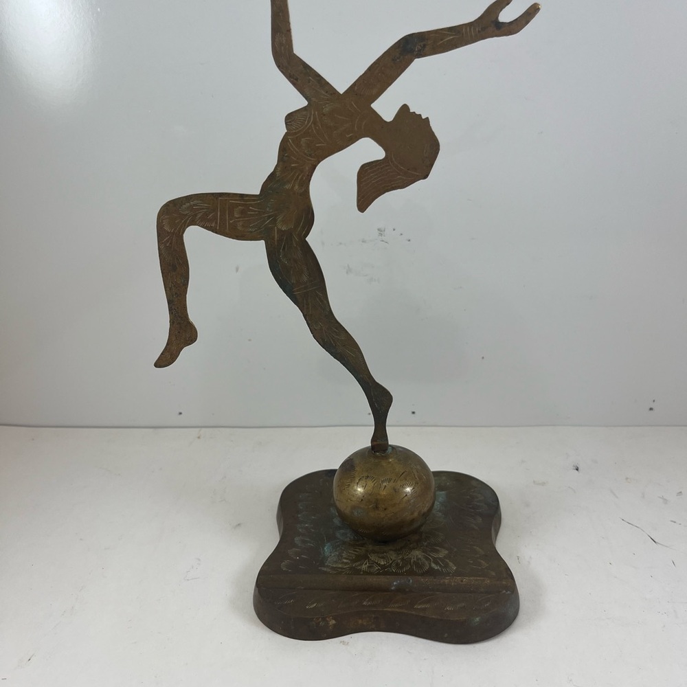 Vintage Art Deco Brass Figural Woman Acrobat Dancer Pen Rest Sculpture.